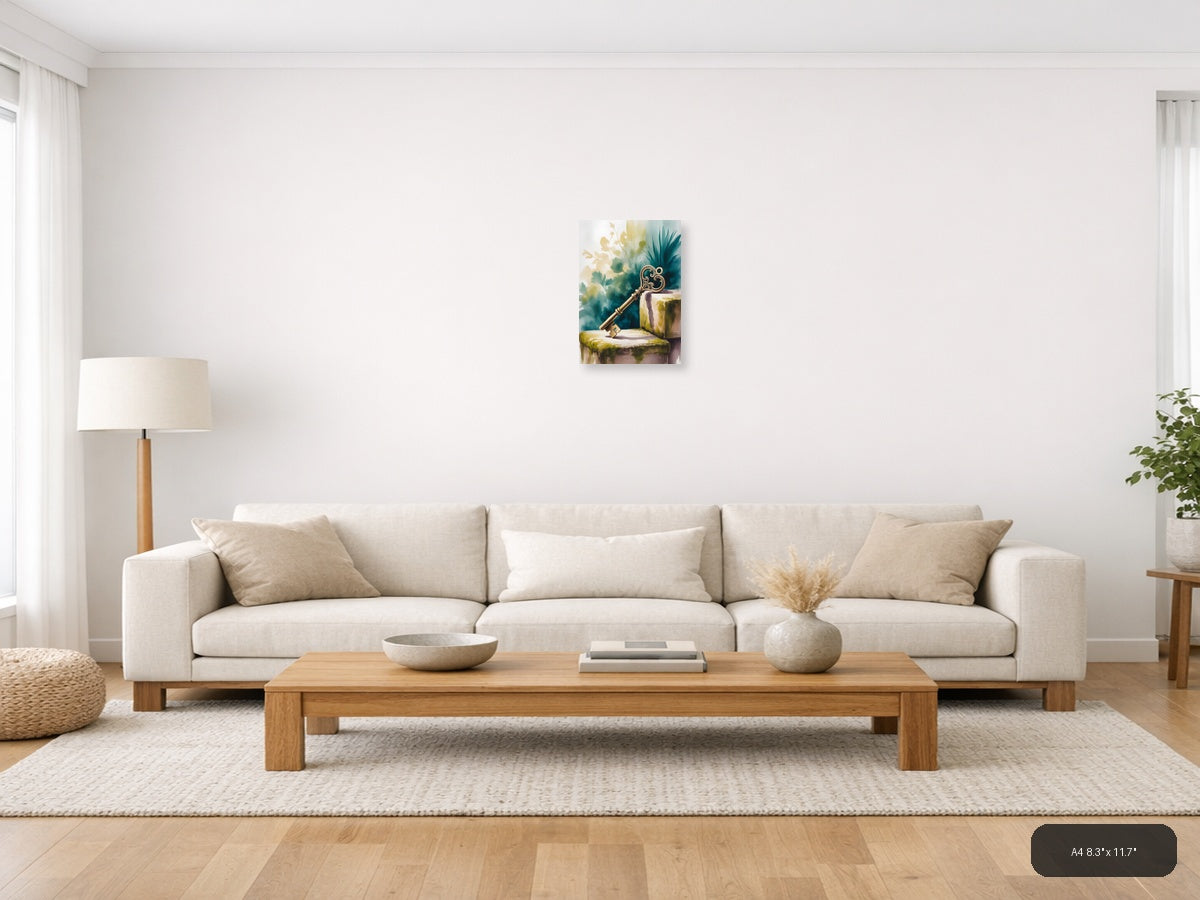Ornate Golden Key Watercolor Wall Art — A4 / Living Room