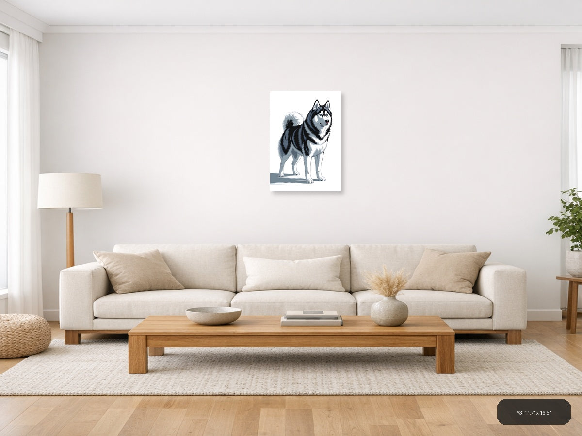 Husky Portrait Black White Minimalist Wall Art — A3 / Living Room