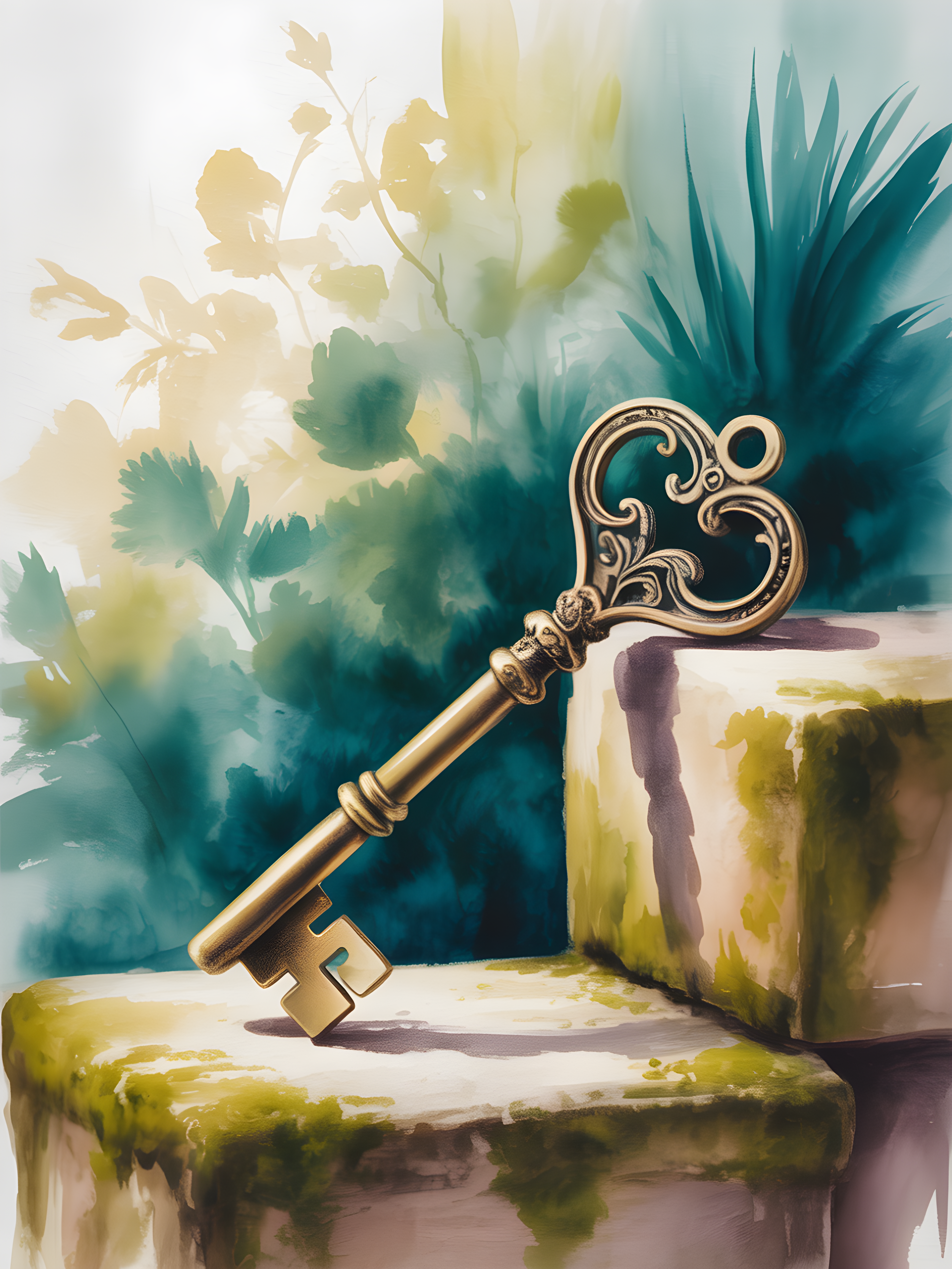 Ornate Golden Key Watercolor Wall Art