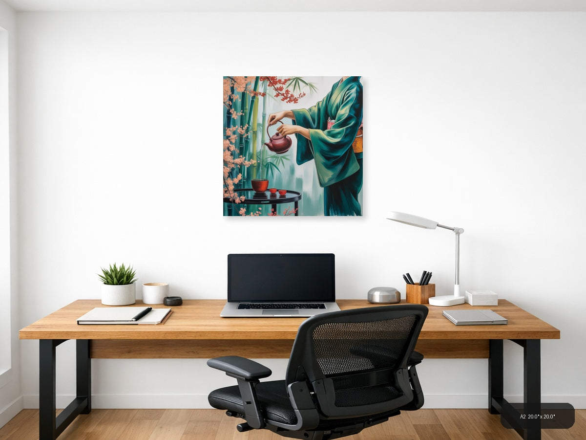 Asian Tea Ceremony Green Silk Wall Art — A2 / Office