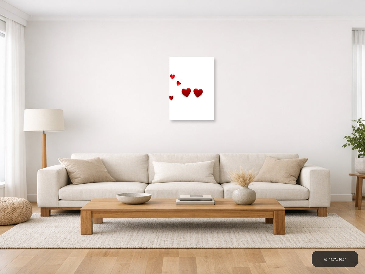 Minimalist Red Hearts Scattered Portrait Wall Art — A3 / Living Room