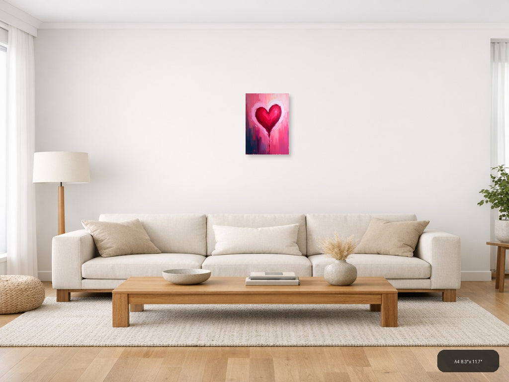Red Heart Abstract Brushstroke Pink Wall Art — A4 / Living Room