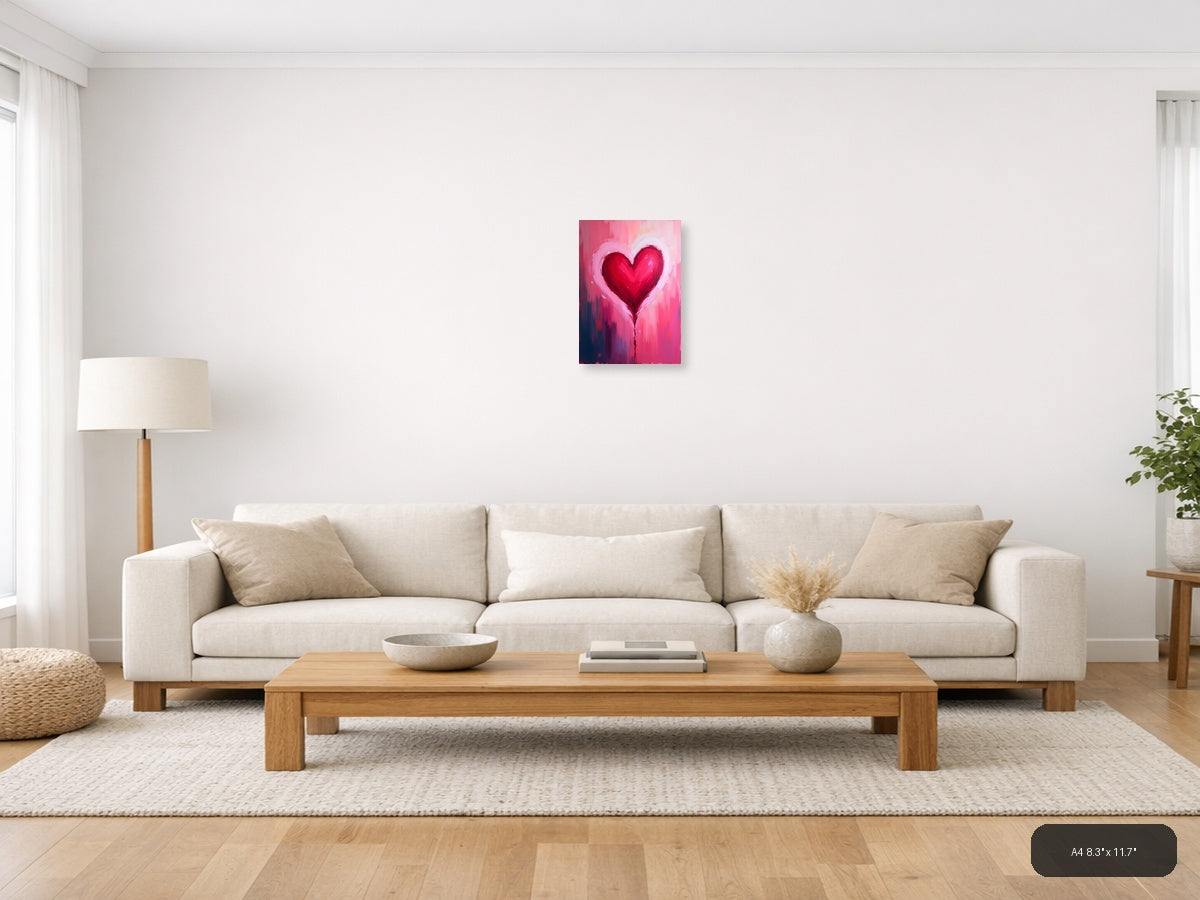 Red Heart Abstract Brushstroke Pink Wall Art — A4 / Living Room