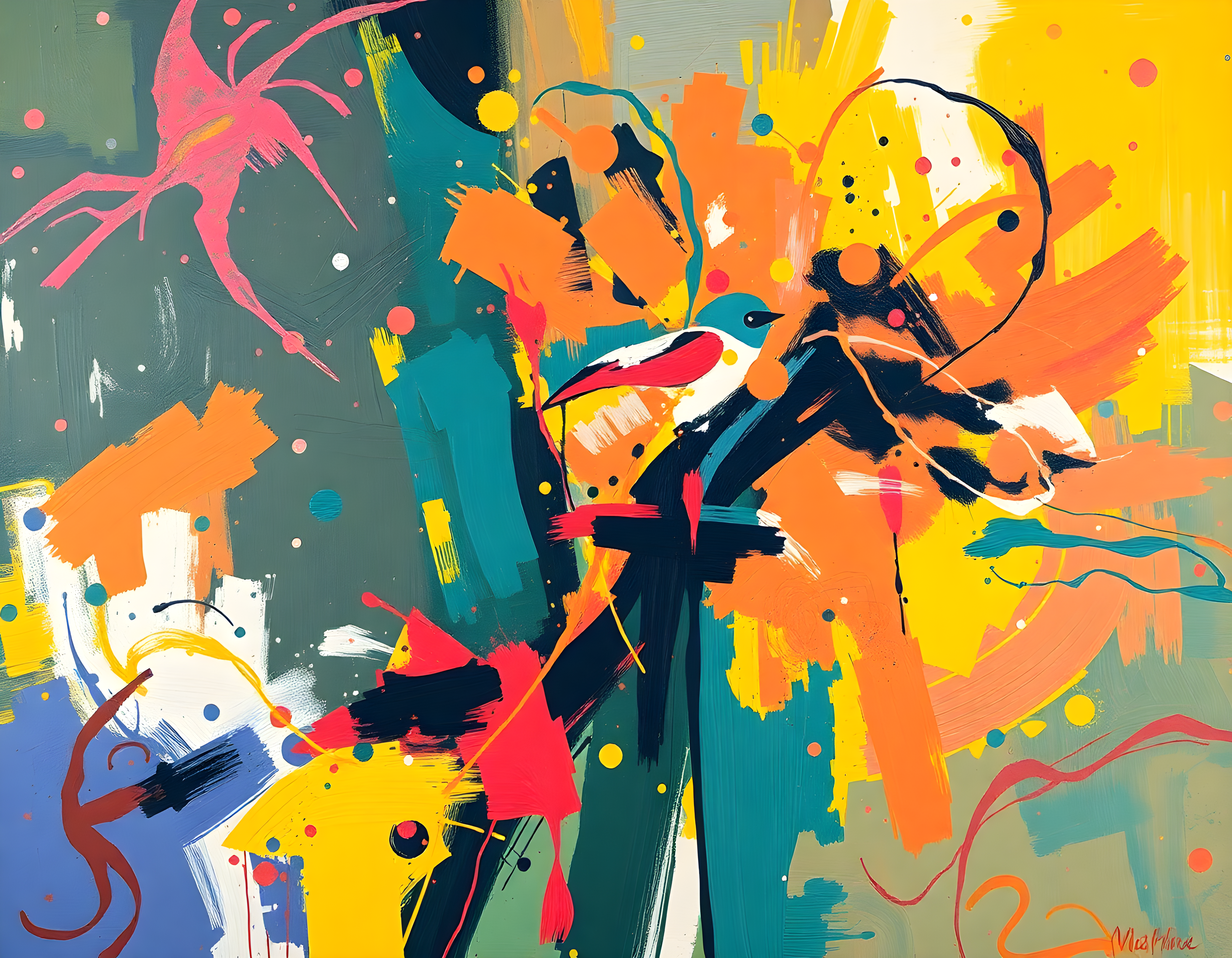 Vibrant Abstract Bird & Botanical Splash Wall Art