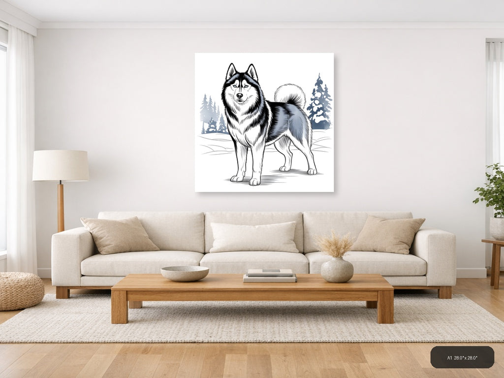 Husky Winter Line Art Portrait Wall Art — A1 / Living Room