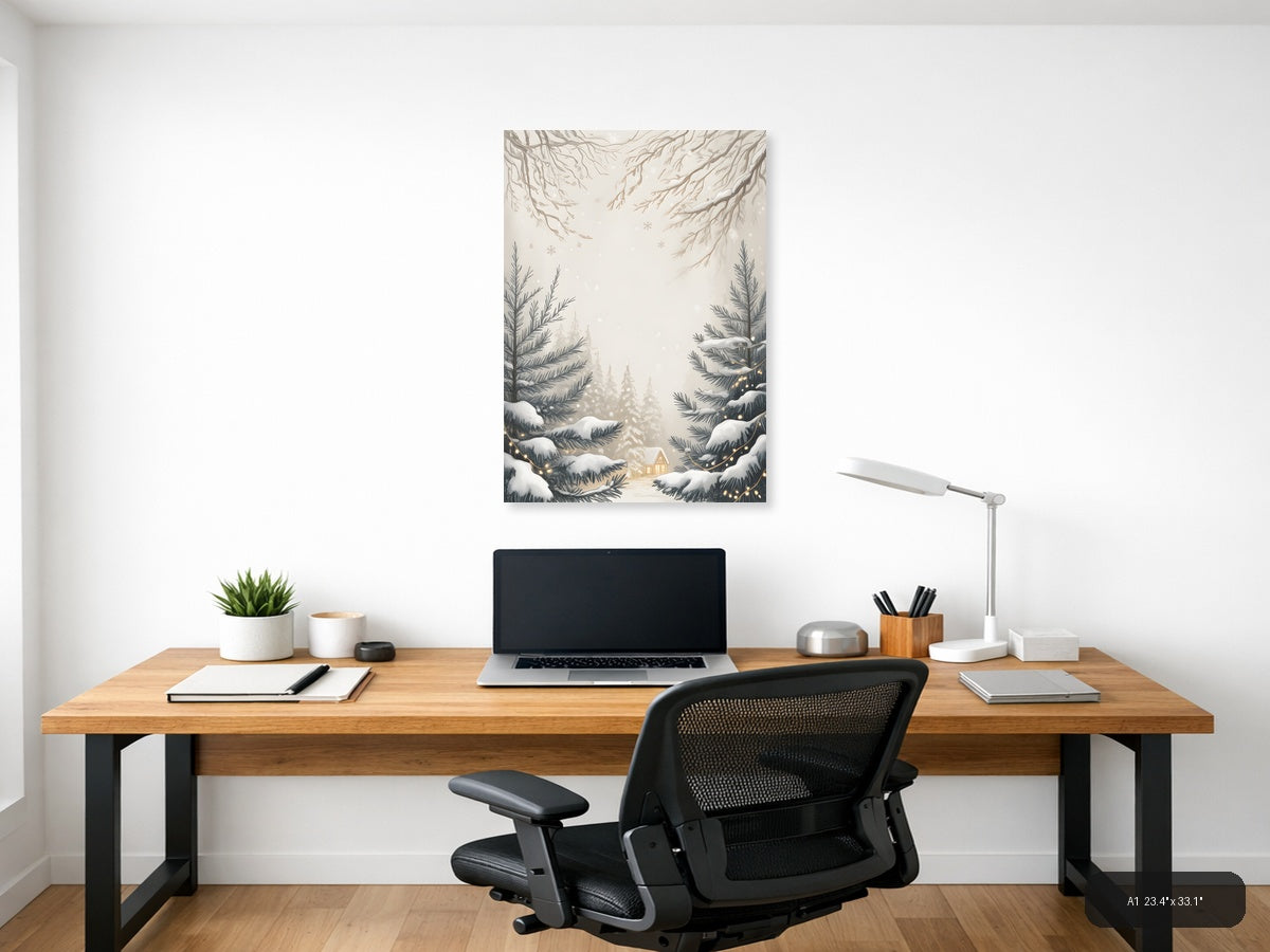 Winter Forest Cottage Line Art Wall Art — A1 / Office