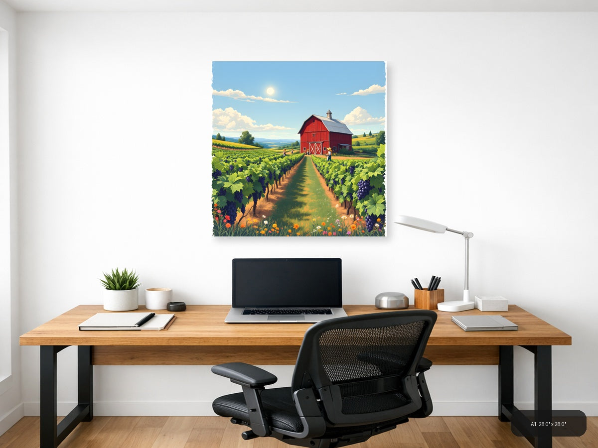 Vintage Vineyard Farm with Red Barn and Workers Wall Art — A1 / Office