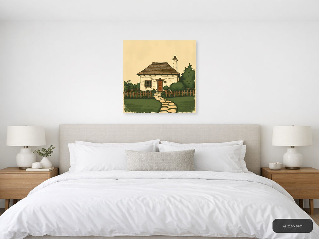 Vintage Cottage with Chimney & Garden Fence Wall Art — A2 / Bedroom