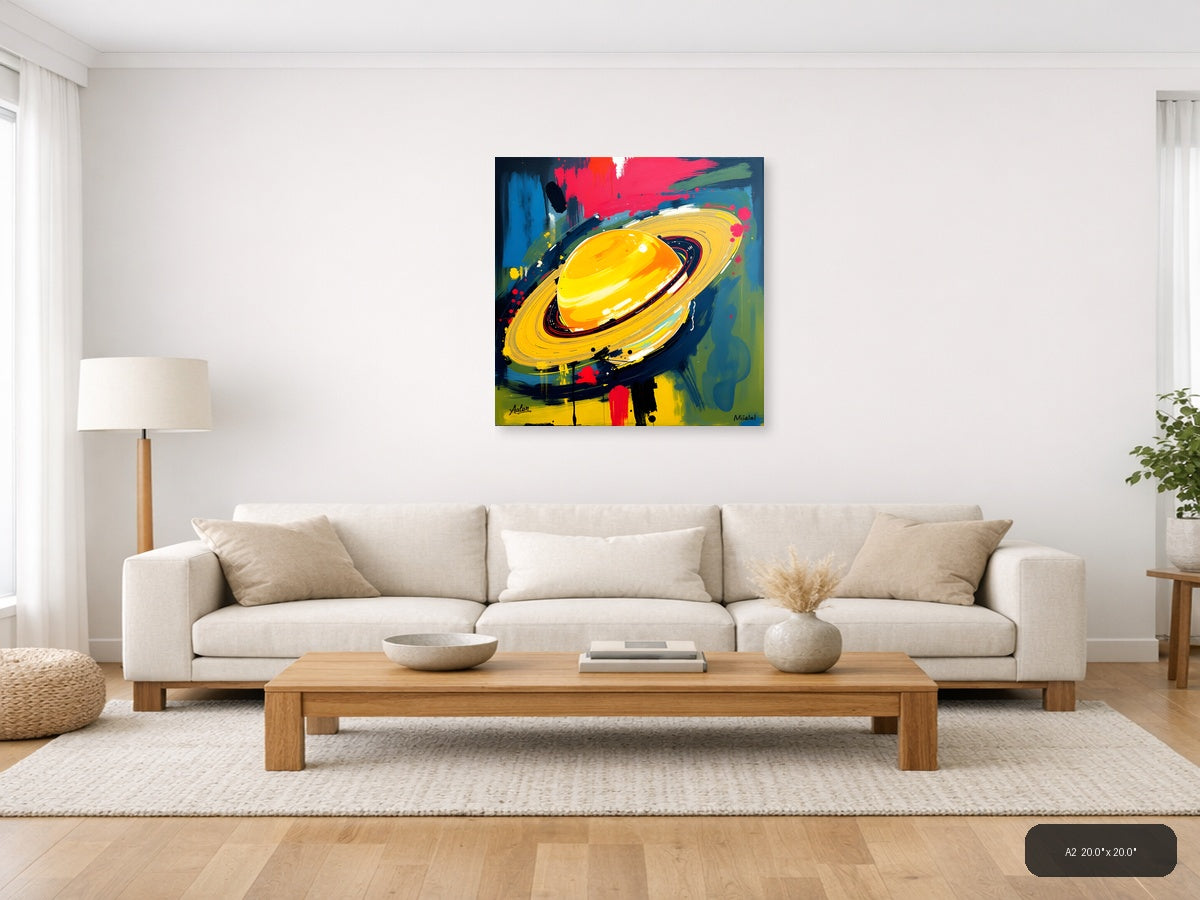 Abstract Yellow Planet with Rings - Modern Space Wall Art — A2 / Living Room