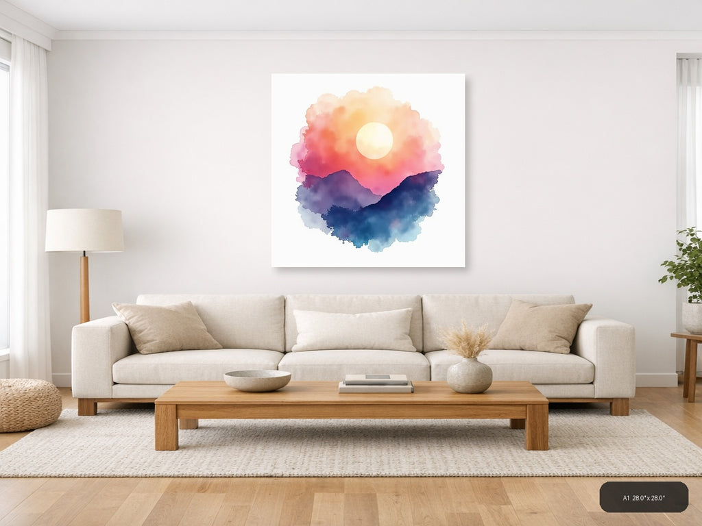 Watercolor Mountain Sunset with Moon Wall Art — A1 / Living Room