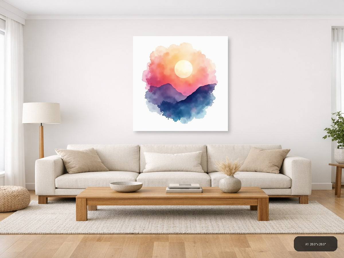 Watercolor Mountain Sunset with Moon Wall Art — A1 / Living Room
