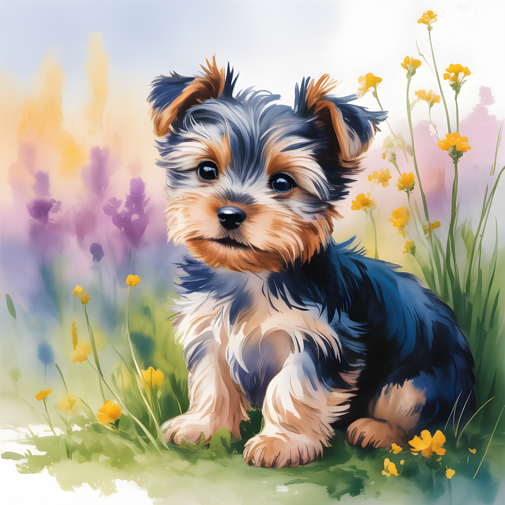 Adorable Puppy with Yellow Flowers Watercolor Wall Art