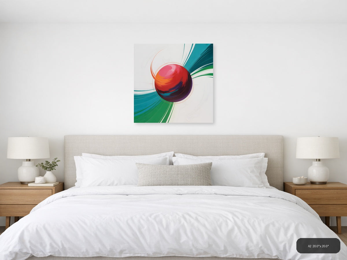 Red Sphere with Teal & Green Wave Abstract Wall Art — A2 / Bedroom