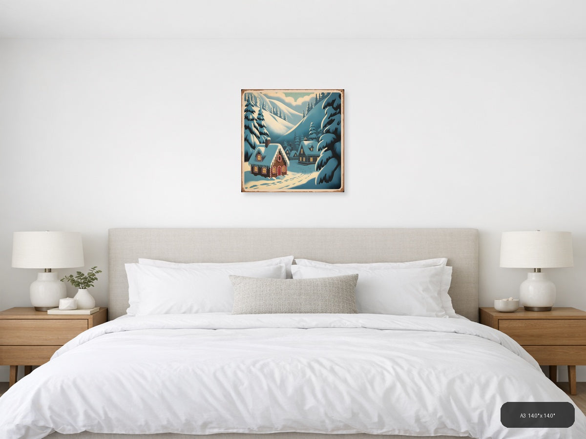 Vintage Gingerbread House Winter Mountain Scene Wall Art — A3 / Bedroom