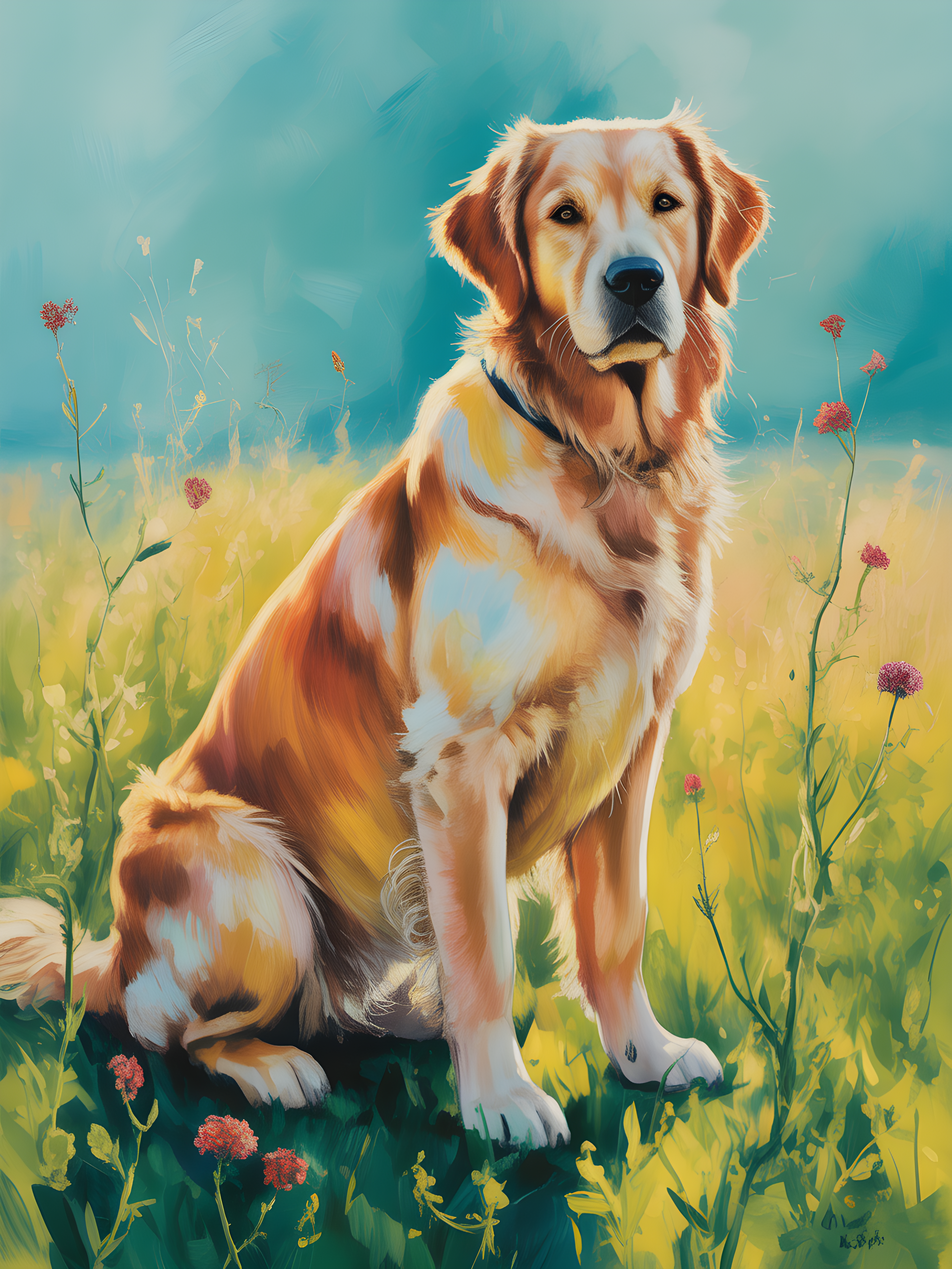 Golden Retriever in Wildflower Field Abstract Wall Art