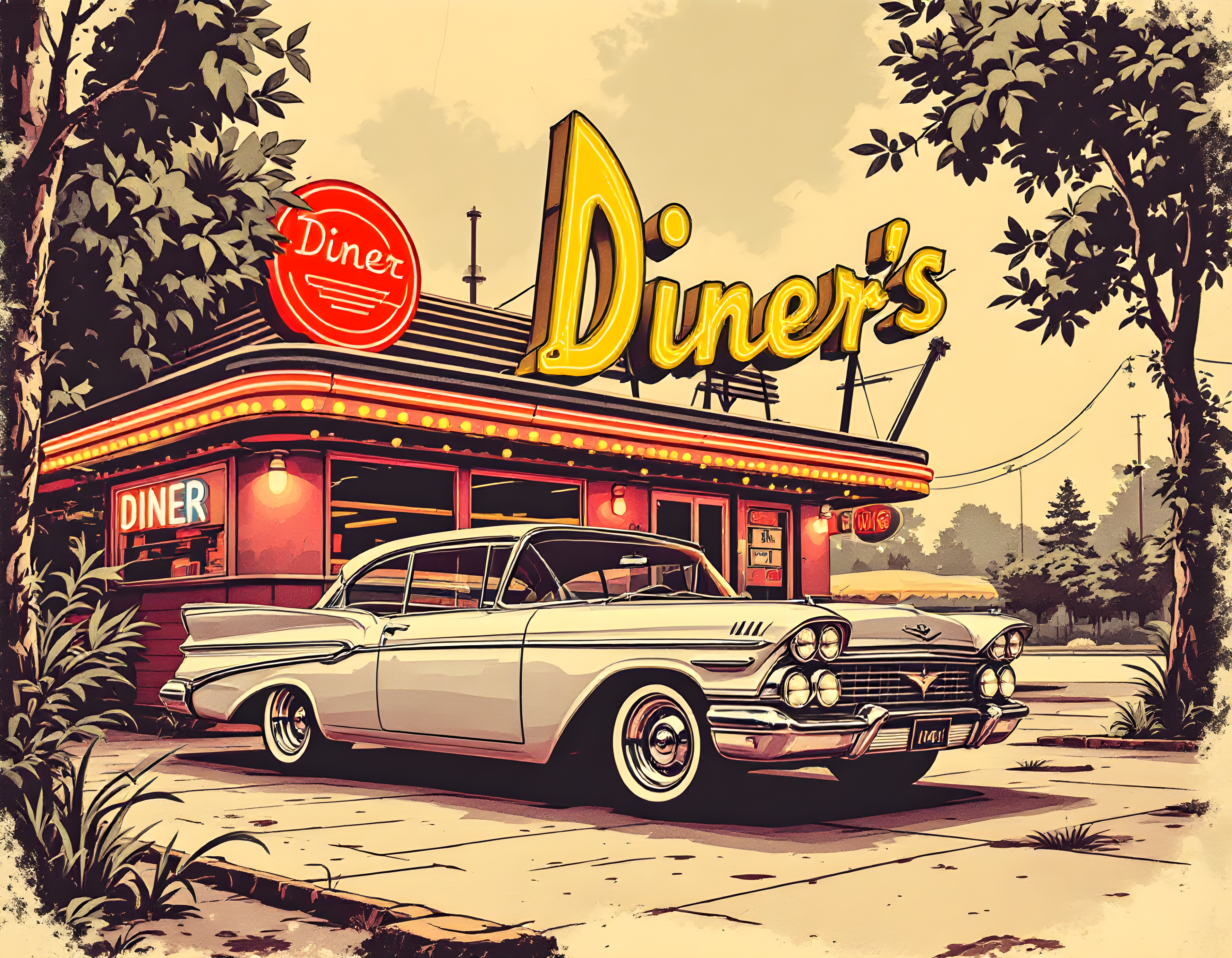 Vintage Diner & Classic Car Retro Wall Art