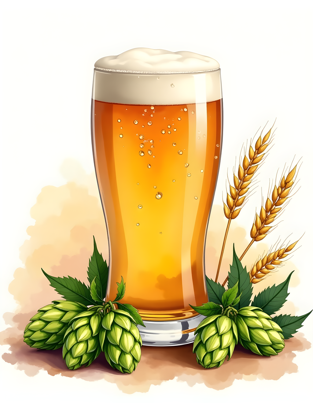 Beer Glass with Hops and Wheat Watercolor Wall Art