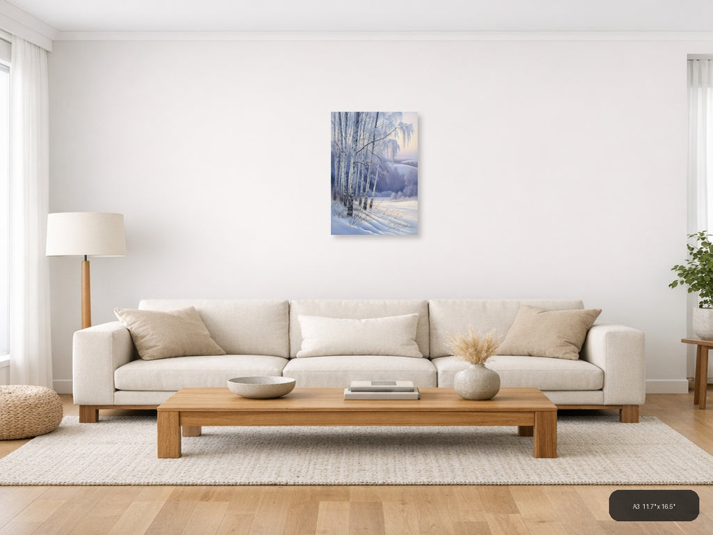 Frozen Birch Trees by Winter Lake Watercolor Wall Art — A3 / Living Room
