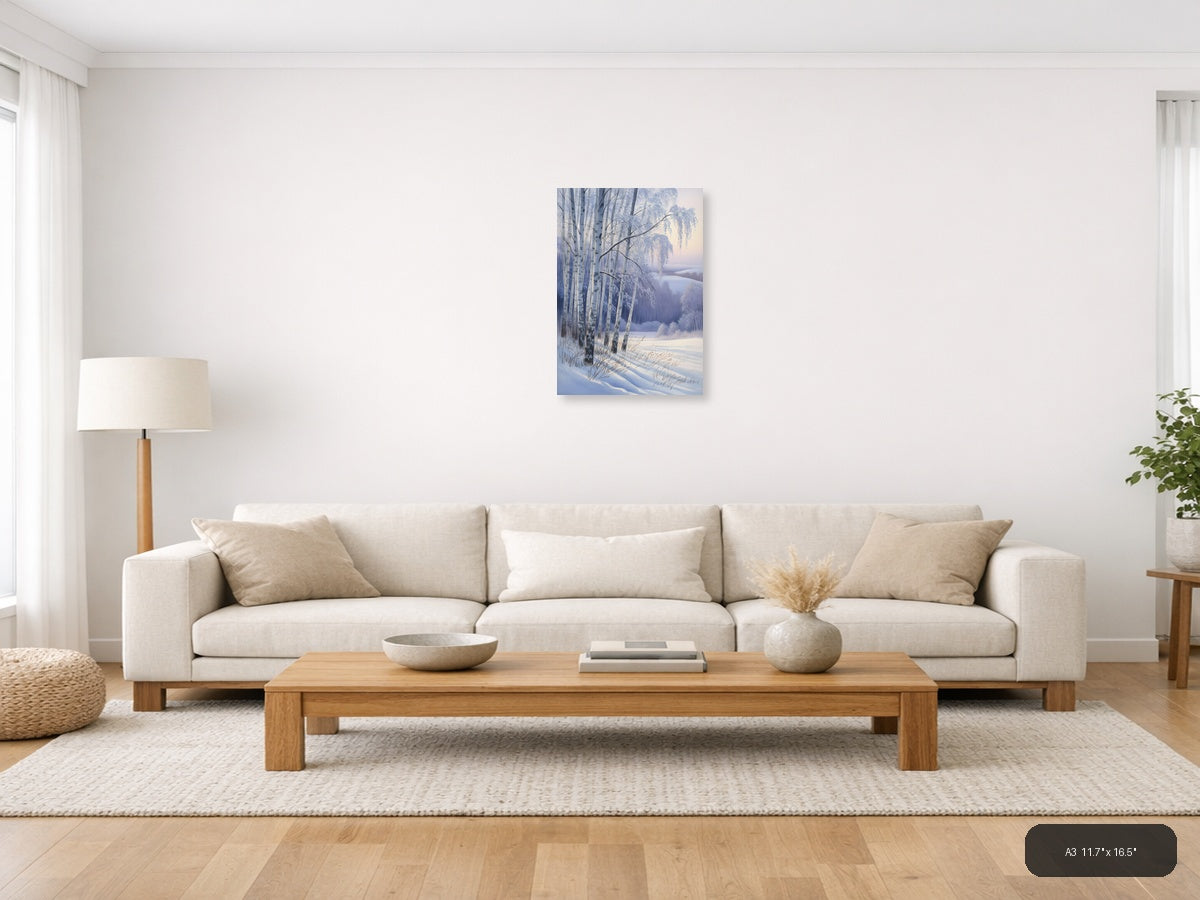 Frozen Birch Trees by Winter Lake Watercolor Wall Art — A3 / Living Room