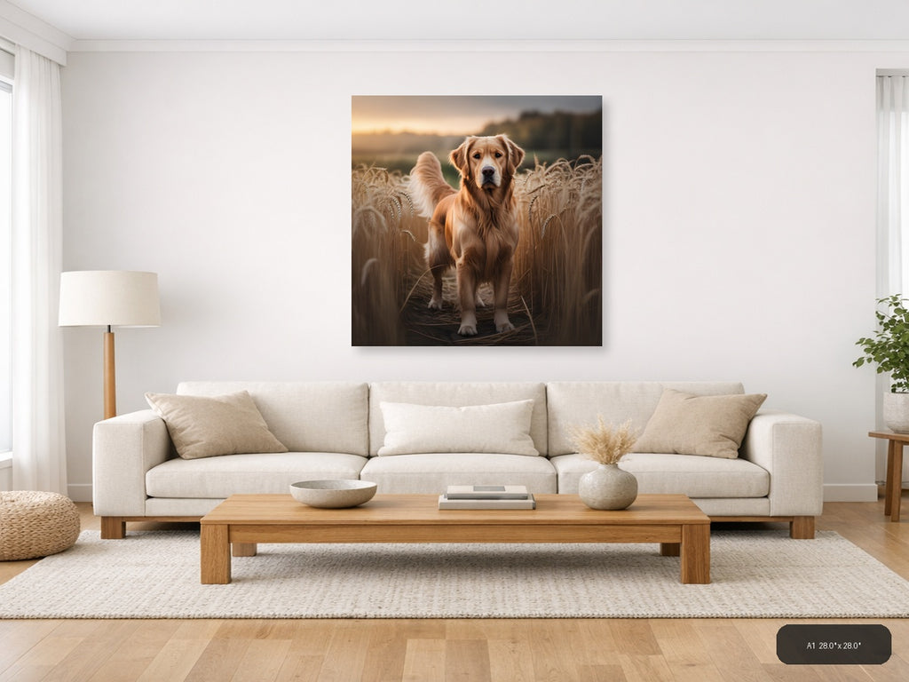 Golden Retriever in Wheat Field at Sunset Photography Wall Art — A1 / Living Room