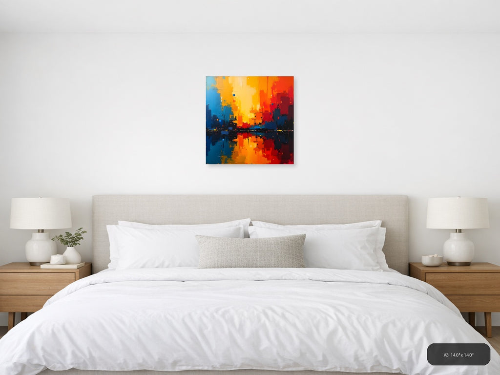 Abstract Cityscape Sunset Reflection Orange Blue Wall Art — A3 / Bedroom
