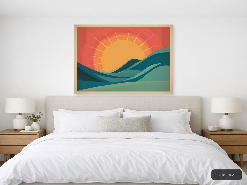 Vintage Sunrise Over Ocean Waves Wall Art — A1 / Bedroom