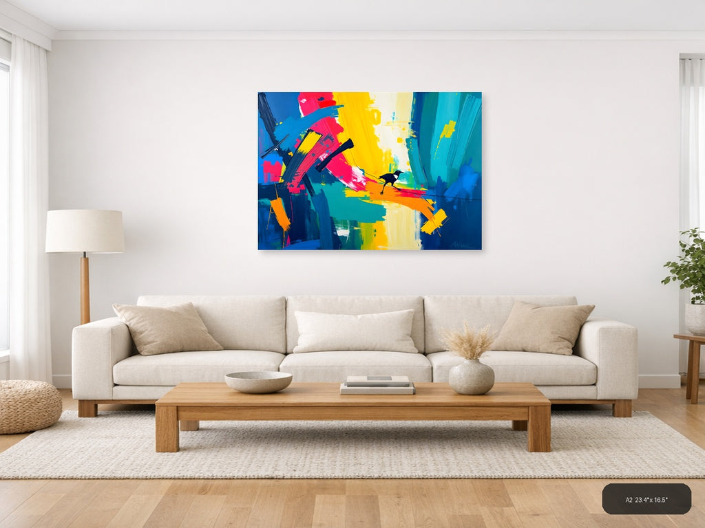 Colorful Abstract Bird on Rainbow Brushstrokes Wall Art — A2 / Living Room