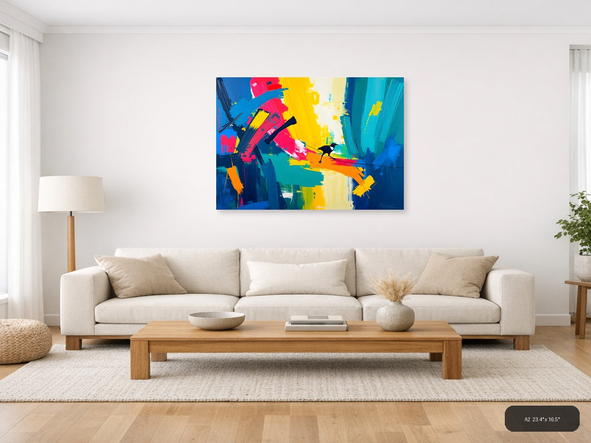 Colorful Abstract Bird on Rainbow Brushstrokes Wall Art — A2 / Living Room
