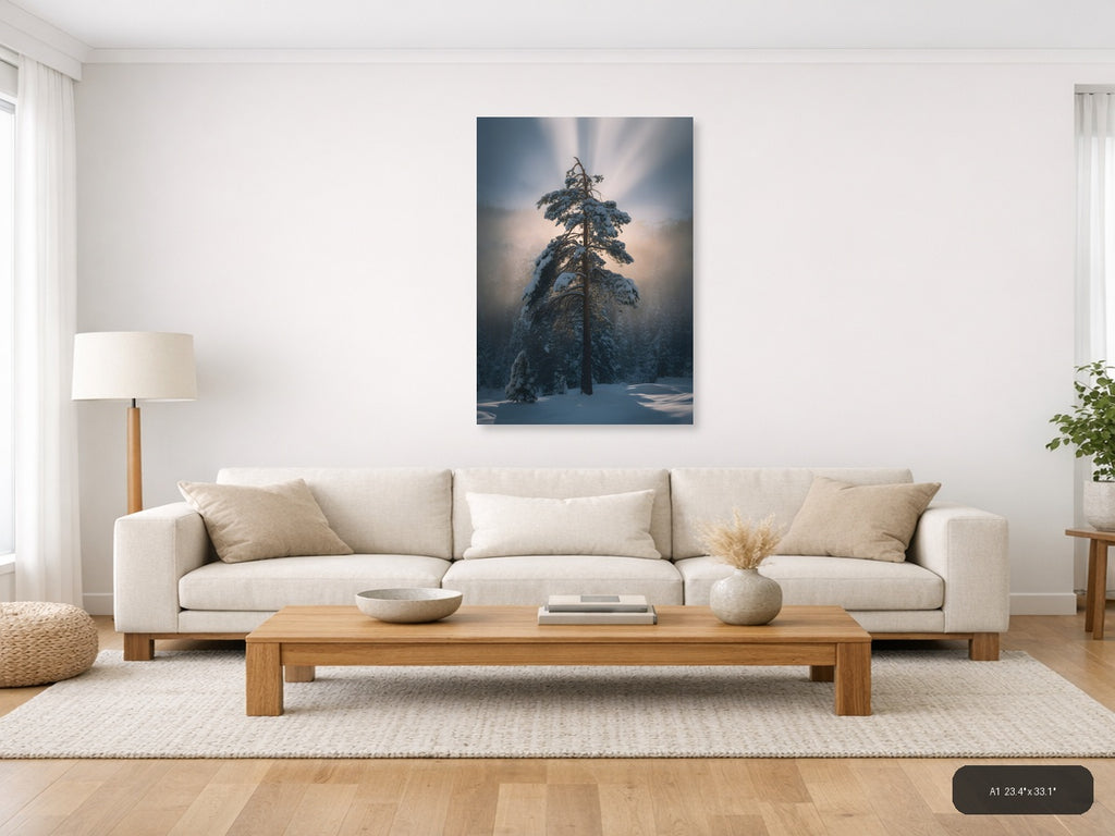 Snow-Covered Pine Tree in Misty Forest Photography Wall Art — A1 / Living Room
