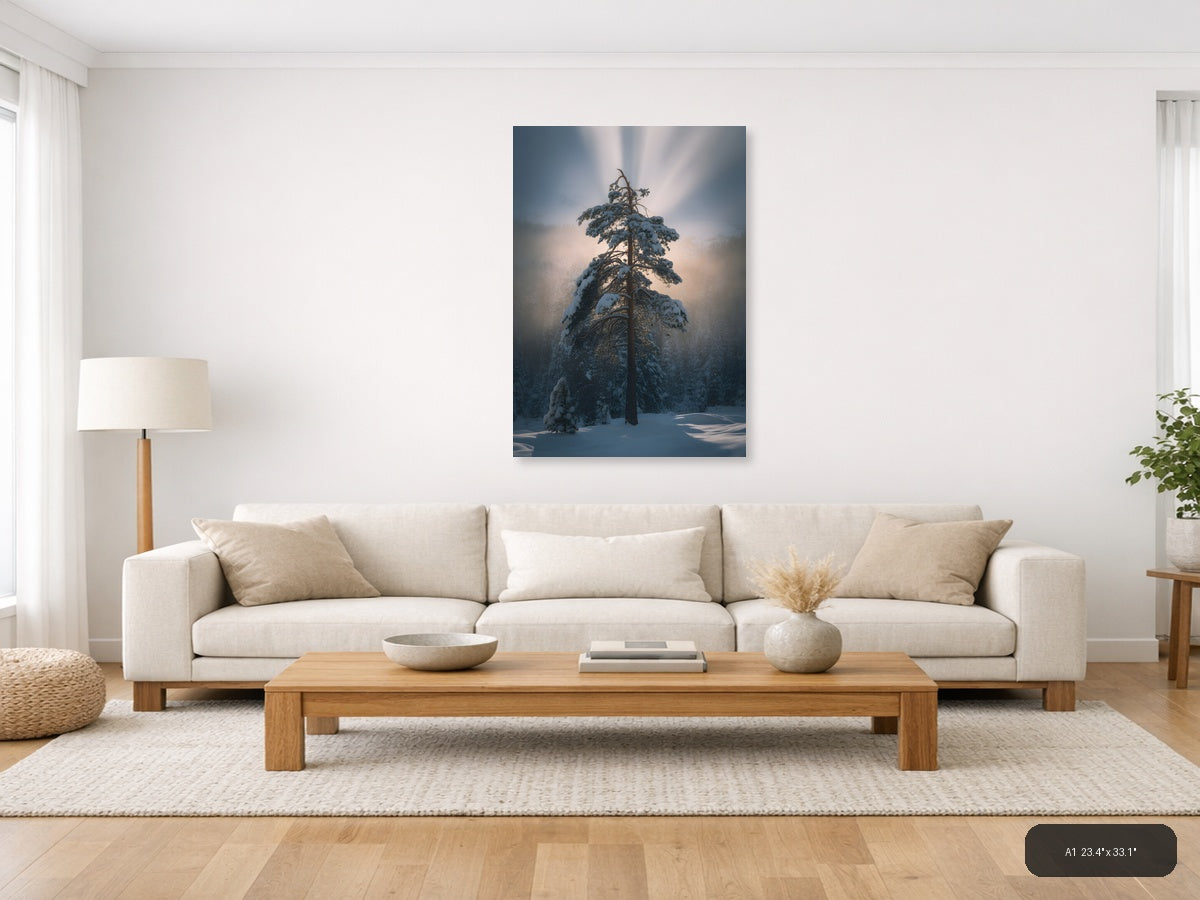Snow-Covered Pine Tree in Misty Forest Photography Wall Art — A1 / Living Room