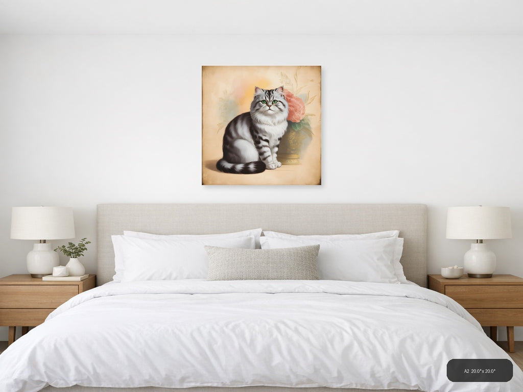 Vintage Grey Tabby Cat with Pink Roses Wall Art — A2 / Bedroom