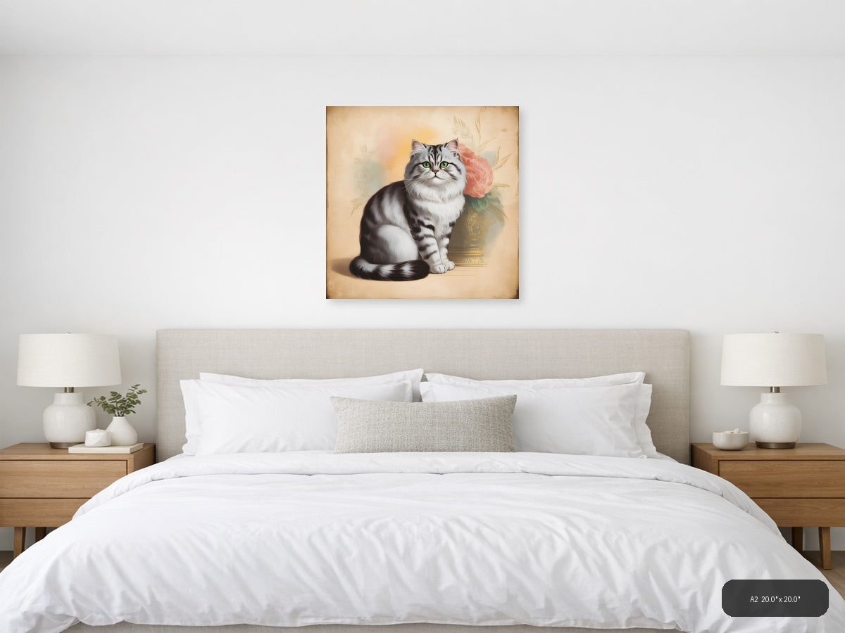 Vintage Grey Tabby Cat with Pink Roses Wall Art — A2 / Bedroom