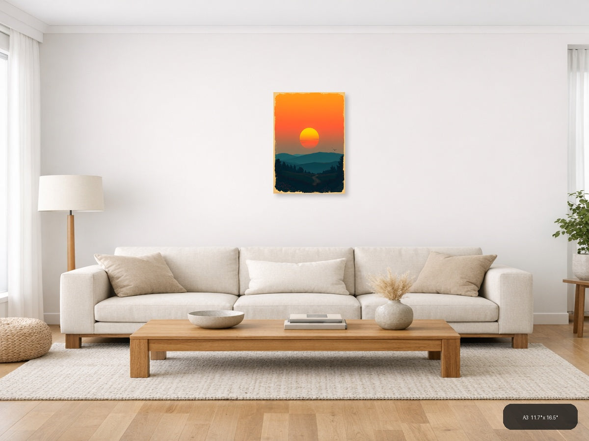 Vintage Sunset Over Forest Hills Wall Art — A3 / Living Room