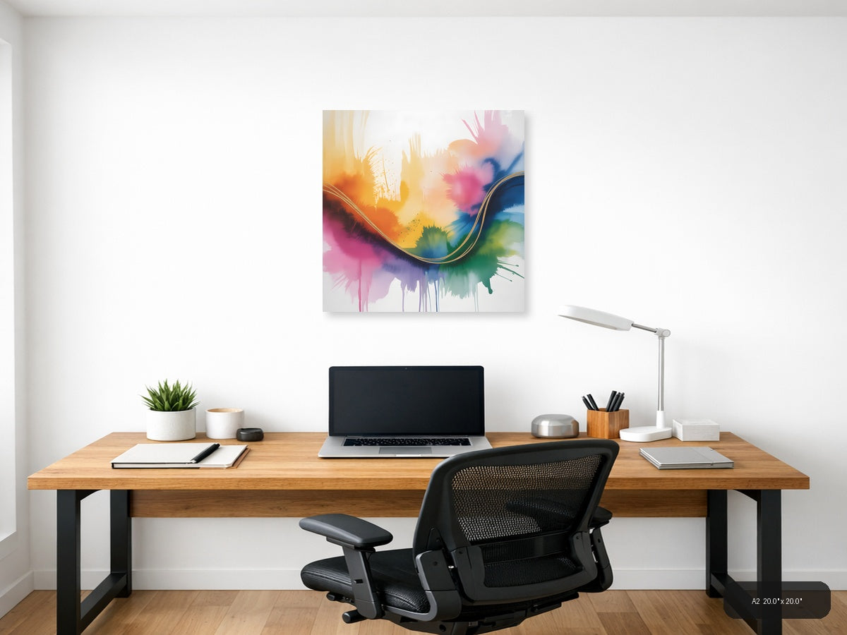 Colorful Watercolor Abstract Wave with Gold Line Wall Art — A2 / Office