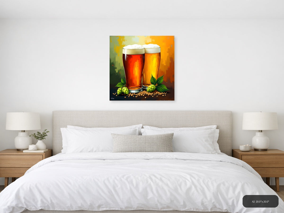 Two Beer Glasses with Hops Abstract Wall Art — A2 / Bedroom