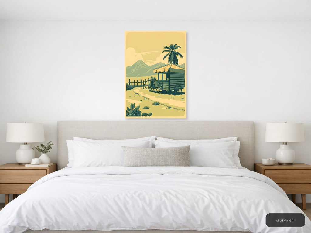 Vintage Desert Caravan Trailer Palm Tree Wall Art — A1 / Bedroom