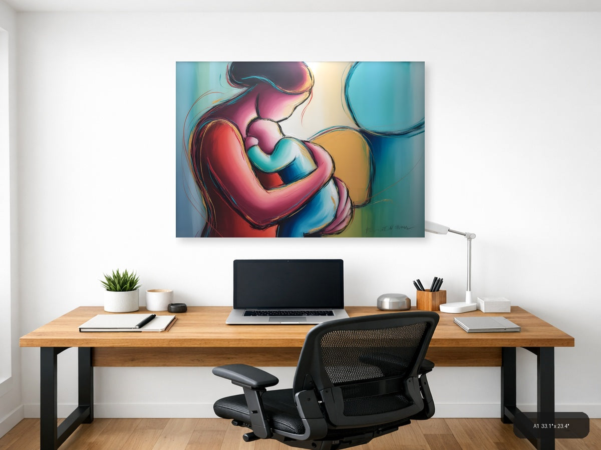 Colorful Abstract Mother and Child Embrace Wall Art — A1 / Office