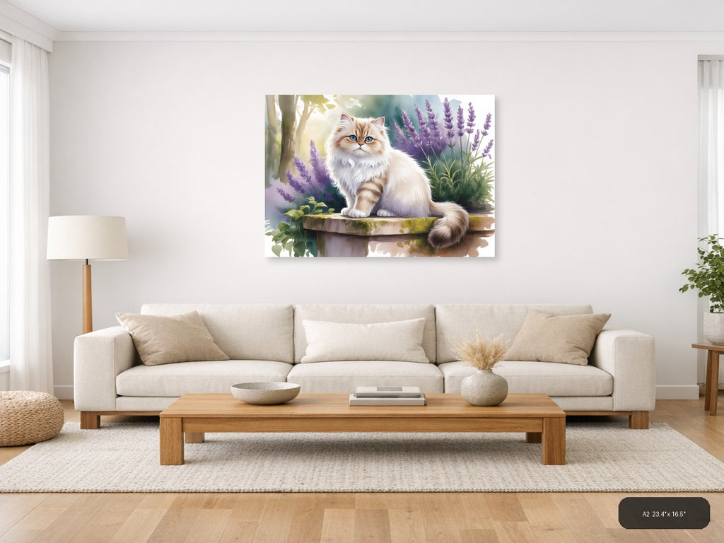 Fluffy Cat with Blue Eyes in Lavender Garden Watercolor Wall Art — A2 / Living Room