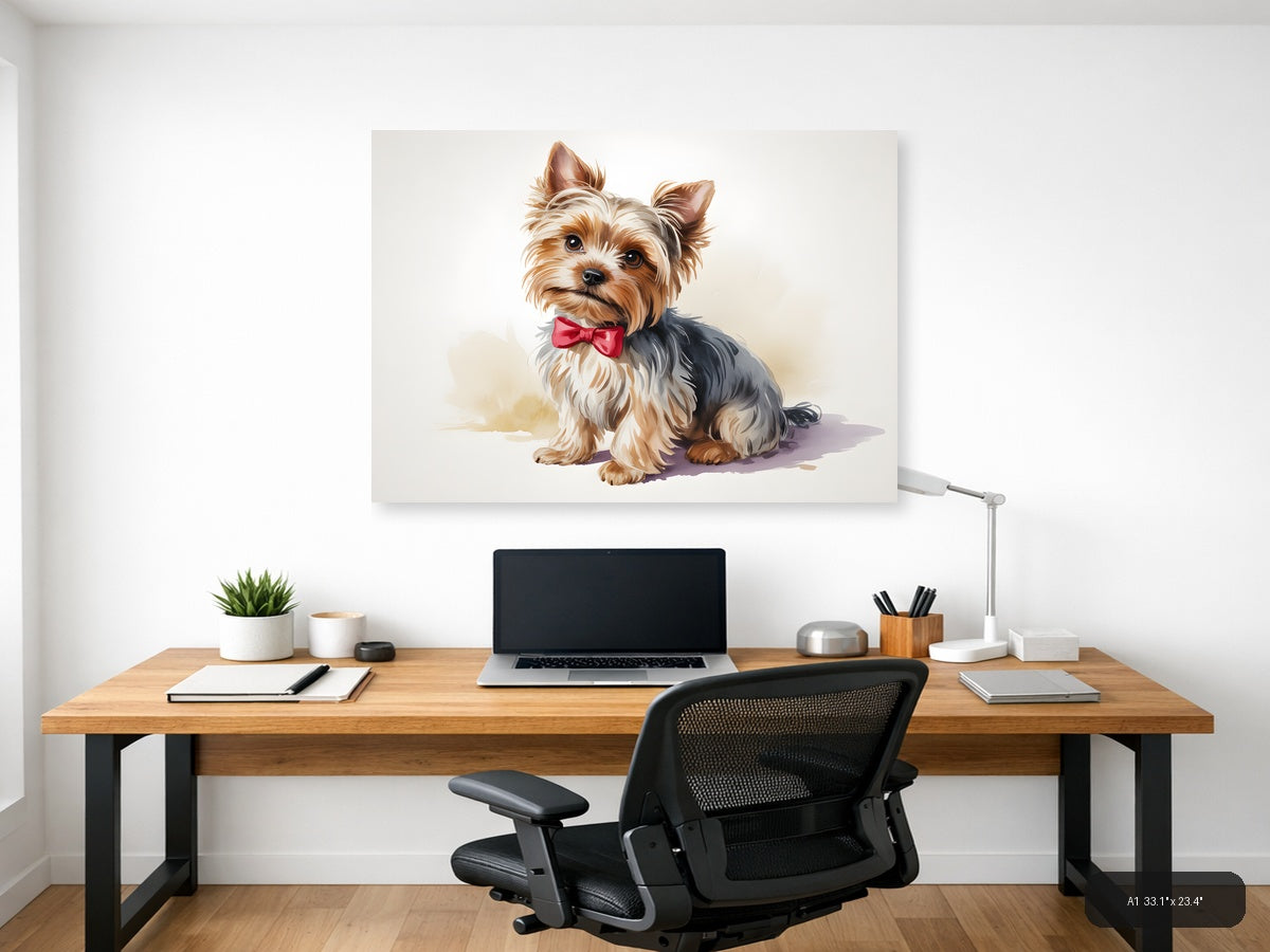 Stylish Yorkie with Pink Bow Watercolor Wall Art — A1 / Office