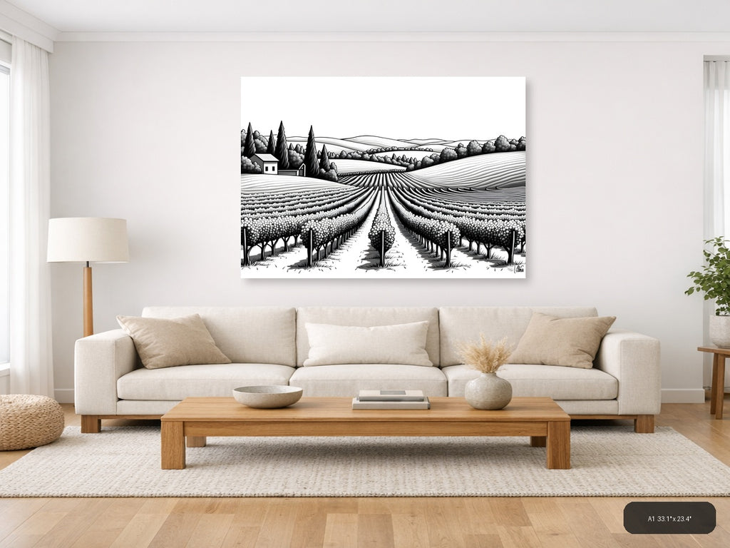 Tuscan Vineyard Landscape Line Art Wall Art — A1 / Living Room