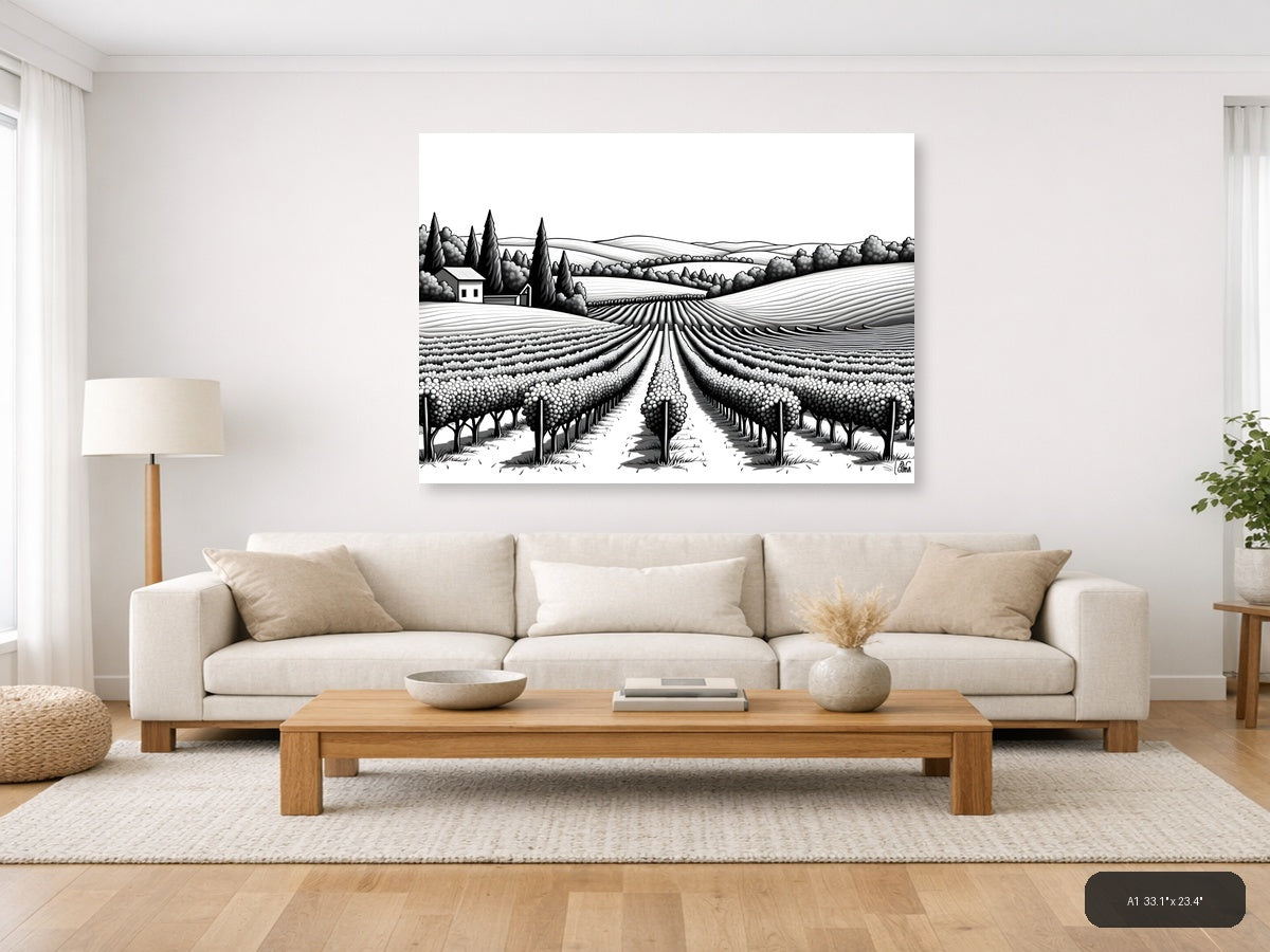 Tuscan Vineyard Landscape Line Art Wall Art — A1 / Living Room