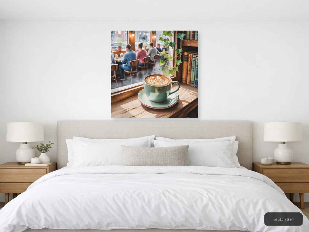 Cozy Café Latte Watercolor Window Scene Wall Art — A1 / Bedroom