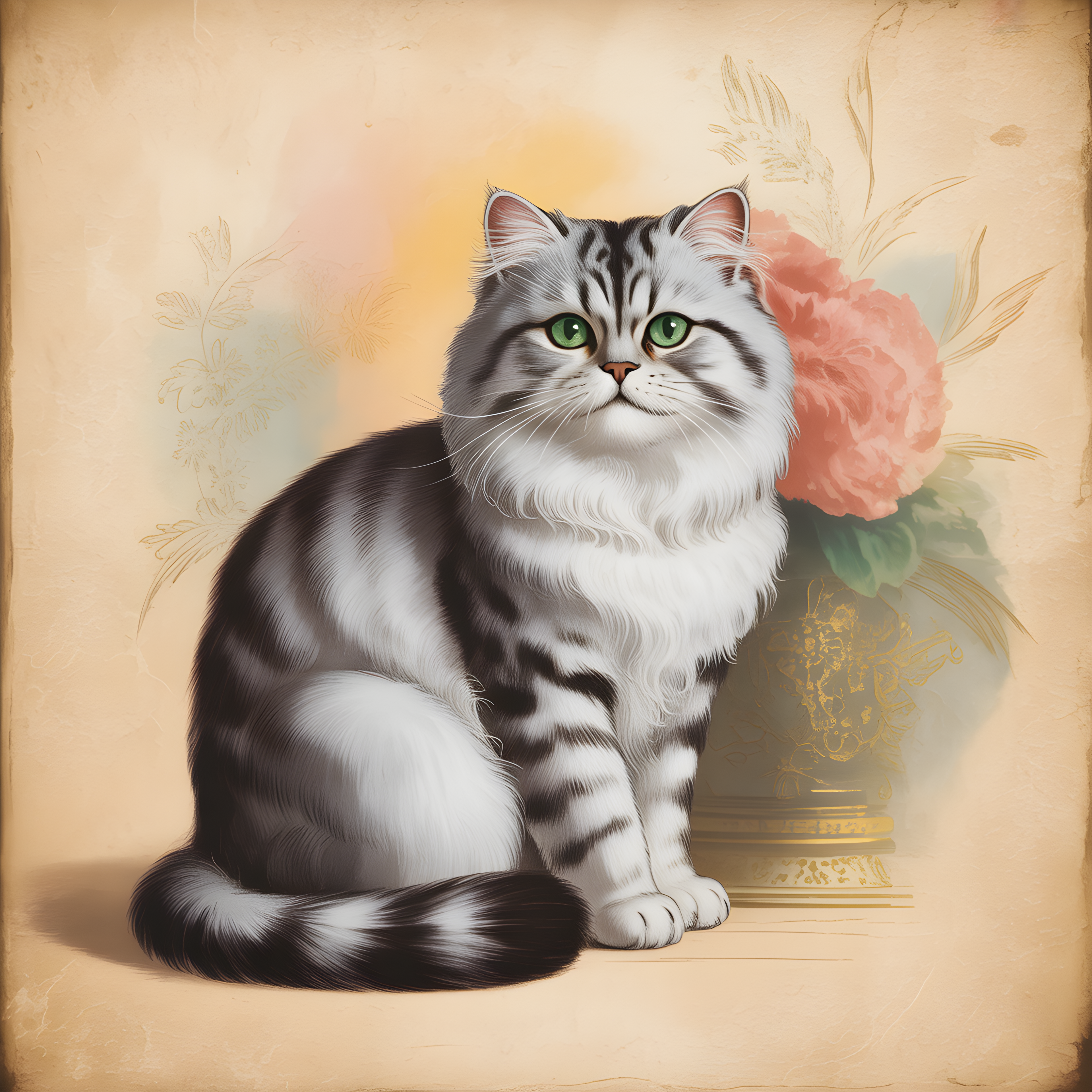 Vintage Grey Tabby Cat with Pink Roses Wall Art