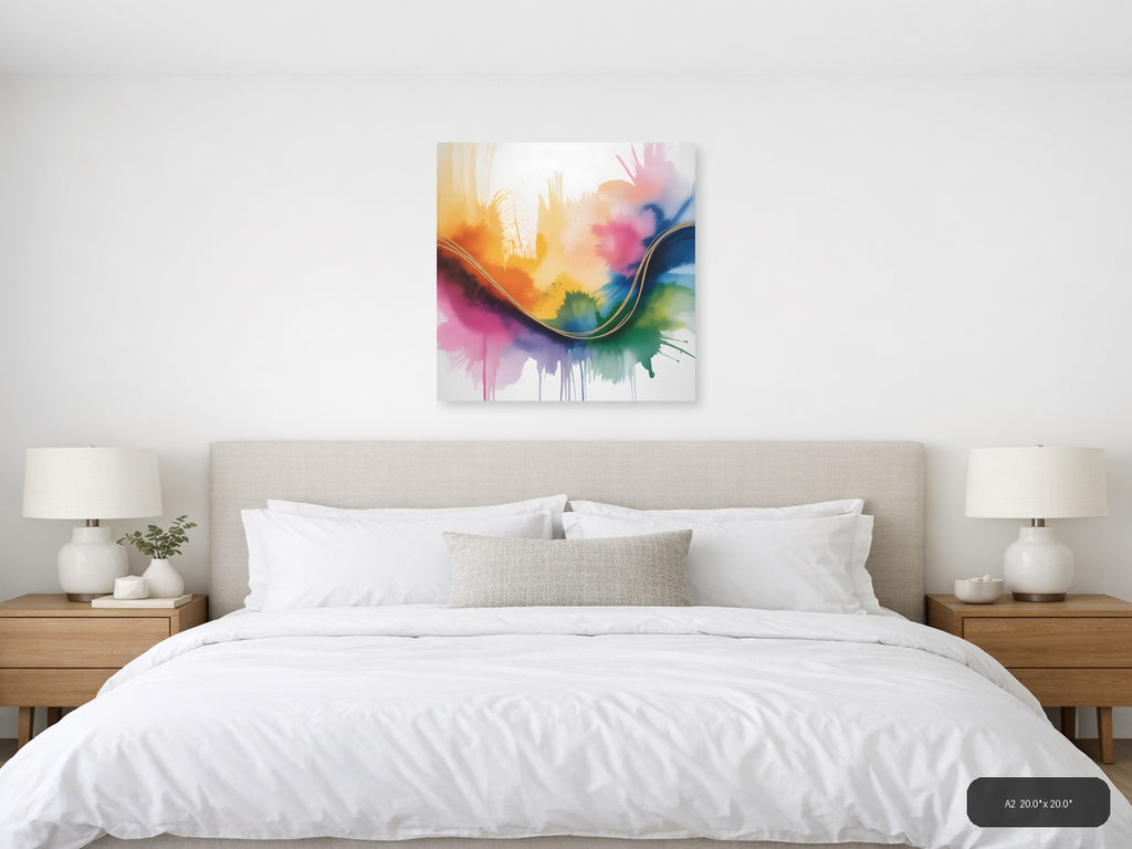 Colorful Watercolor Abstract Wave with Gold Line Wall Art — A2 / Bedroom
