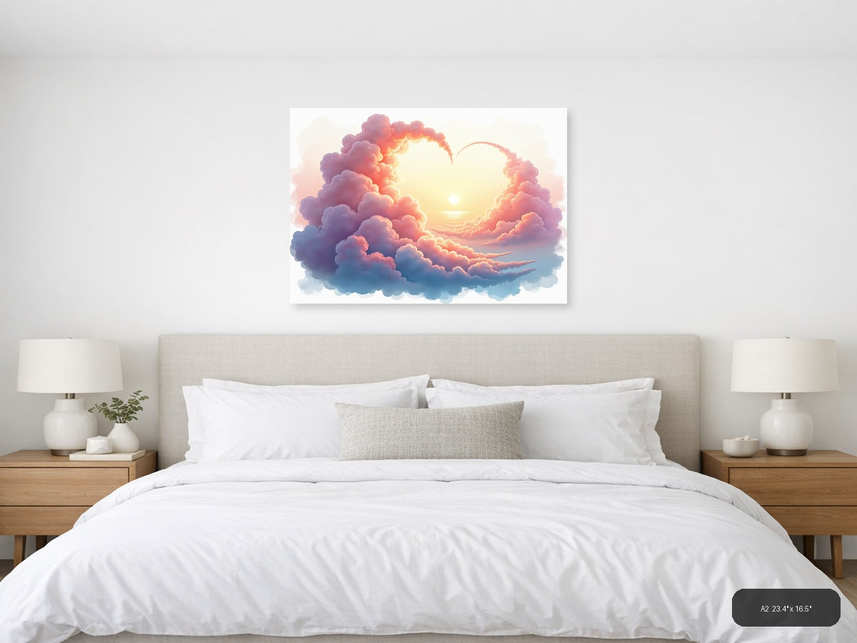 Sunset Heart Clouds Watercolor Landscape Wall Art — A2 / Bedroom
