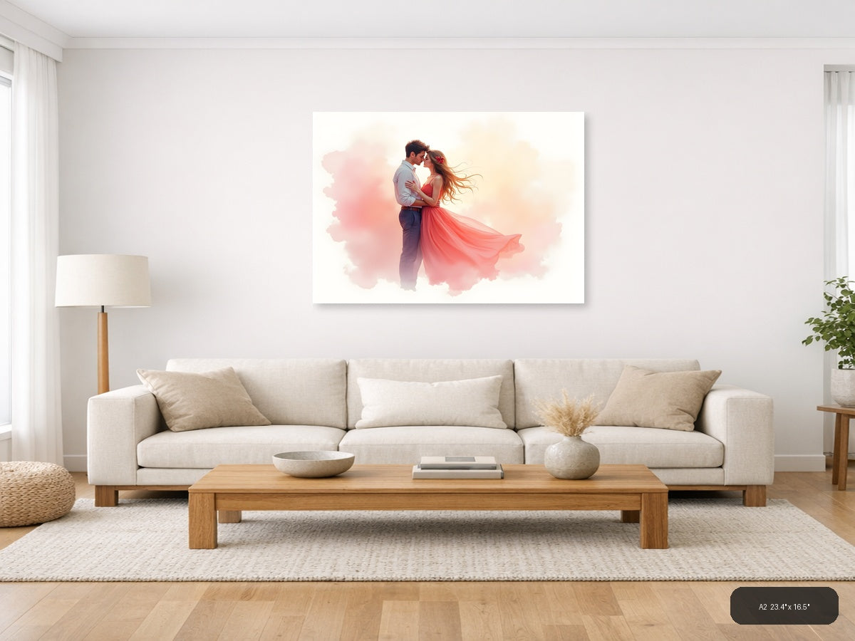Romantic Couple Watercolor Illustration Wall Art — A2 / Living Room