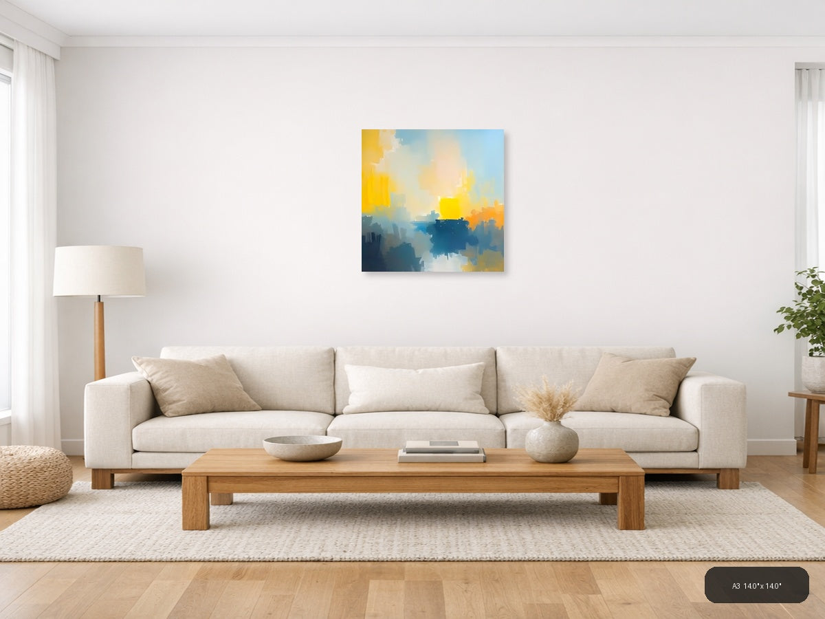 Abstract Waterfront Sunrise with Yellow Sky Wall Art — A3 / Living Room