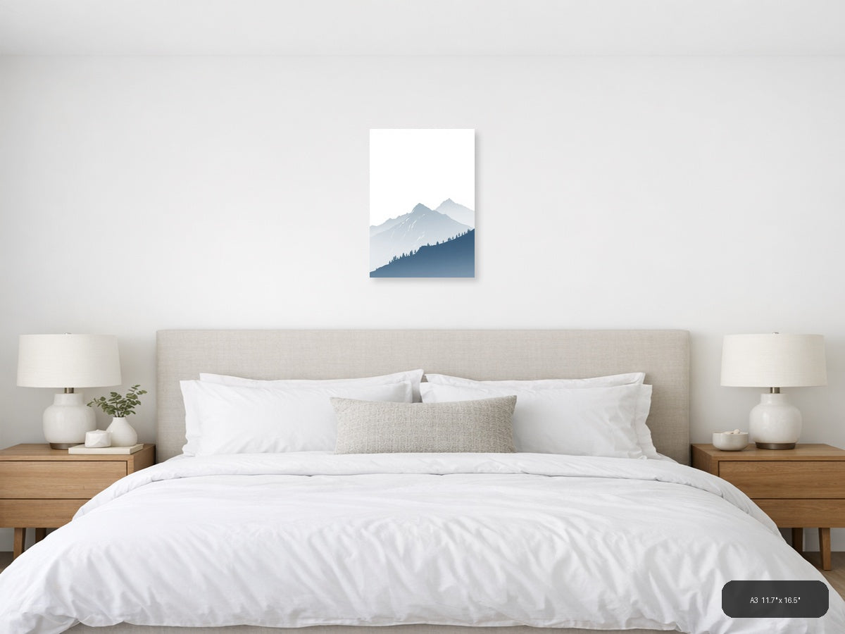 Misty Mountains with Evergreen Forest | Minimalist Landscape Wall Art — A3 (Bedroom)