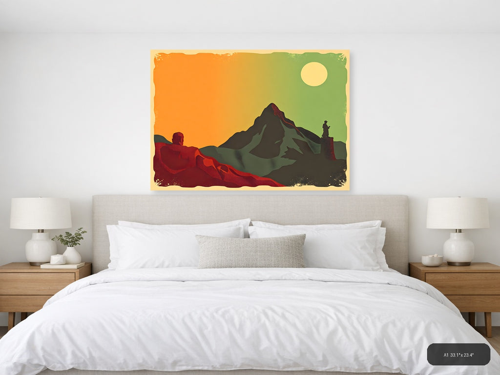 Vintage Mountain Landscape with Hikers - Retro Wall Art — A1 / Bedroom