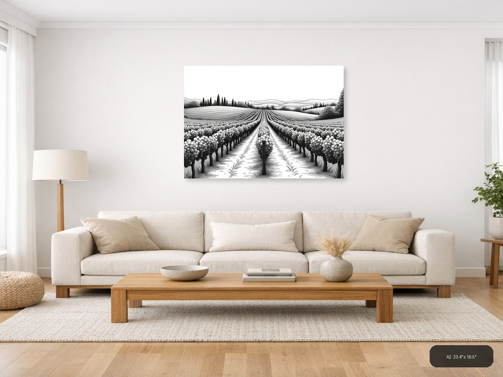 Tuscan Vineyard Landscape Line Art Wall Art — A2 / Living Room